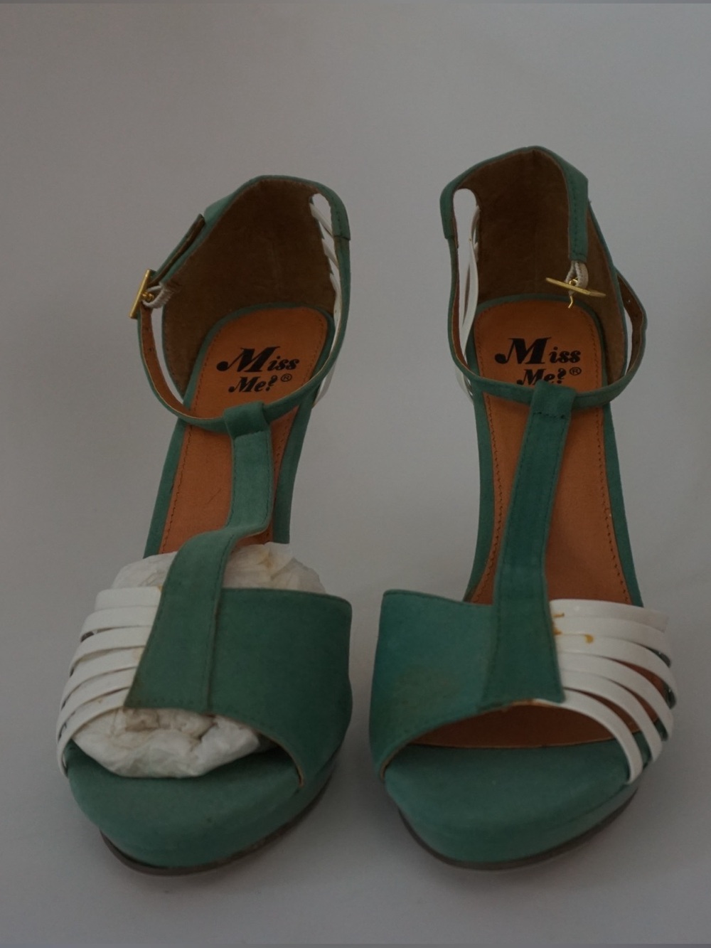 Miss Me Teal and White T-Strap Heels